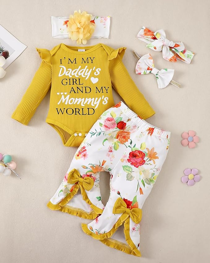 SUNNY PIGGY Newborn Baby Girl Clothes Infant Outfits Romper Floral Fall Outfit Bell Bottoms Pant Sets Hat Headband Flowerpant