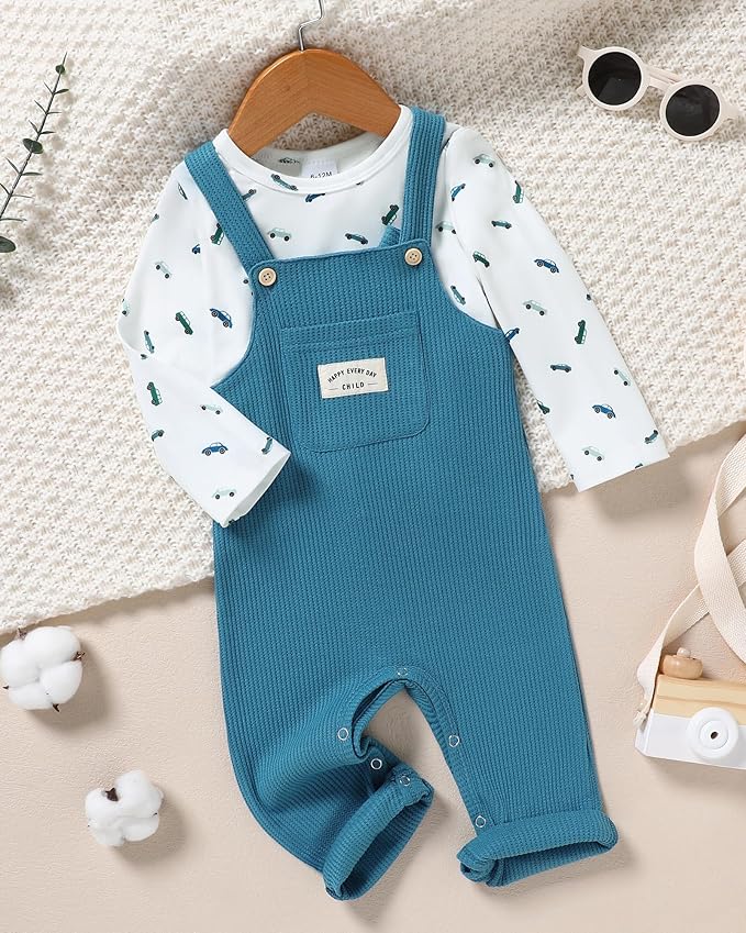 ZOEREA Toddler Baby Boys Clothes Outfit Long Sleeve T-Shirt and Romper Set Cute Jumpsuit Overalls Solid Color 6M-4T