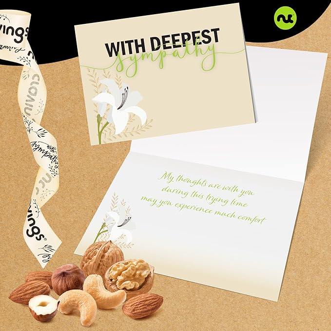 NUT CRAVINGS Gourmet Collection - Sympathy Condolence, Nuts Gift Basket with Sympathy Ribbon + Greeting Card (7 Assortments) Food Platter, Healthy Snack Care Package, Food Assortments