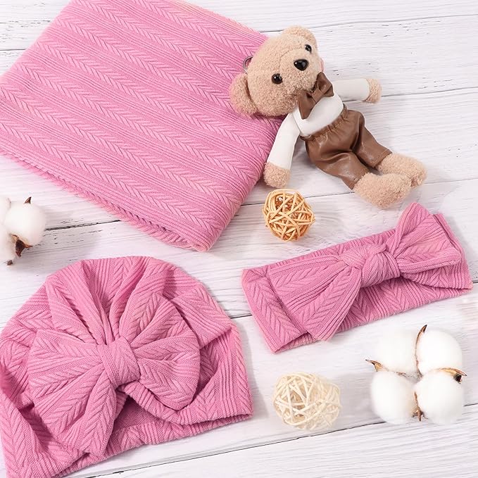 Newborn Receiving Blanket with Bow Hat Headband Wooden Card Set Wheat-Pattern Newborns Toddler Baby Boy Girl Nursery Swaddle Wrap