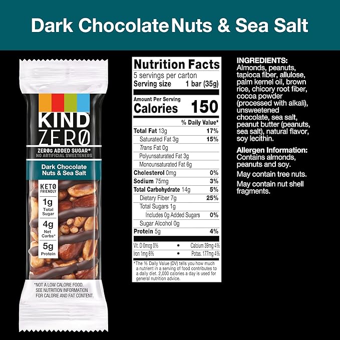 KIND ZERO Added Sugar Bars, Dark Chocolate Nuts and Sea Salt, Keto Friendly Snacks, Gluten Free, 5g Protein, 5 Count