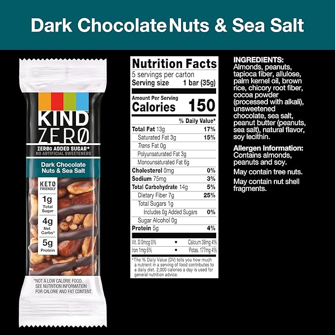 KIND ZERO Added Sugar Bars, Dark Chocolate Nuts and Sea Salt, Keto Friendly Snacks, Gluten Free, 5g Protein, 5 Count (Pack of 2)