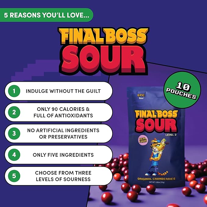 Final Boss Sour Candy, Sour Cranberries, 10 Pack, Level 3, Fruit Chews with Real Dried Fruit, No Artificial Colors or Flavors, Low Calorie Snack for Kids, Teens, Adults, Lunch Boxes & On The Go