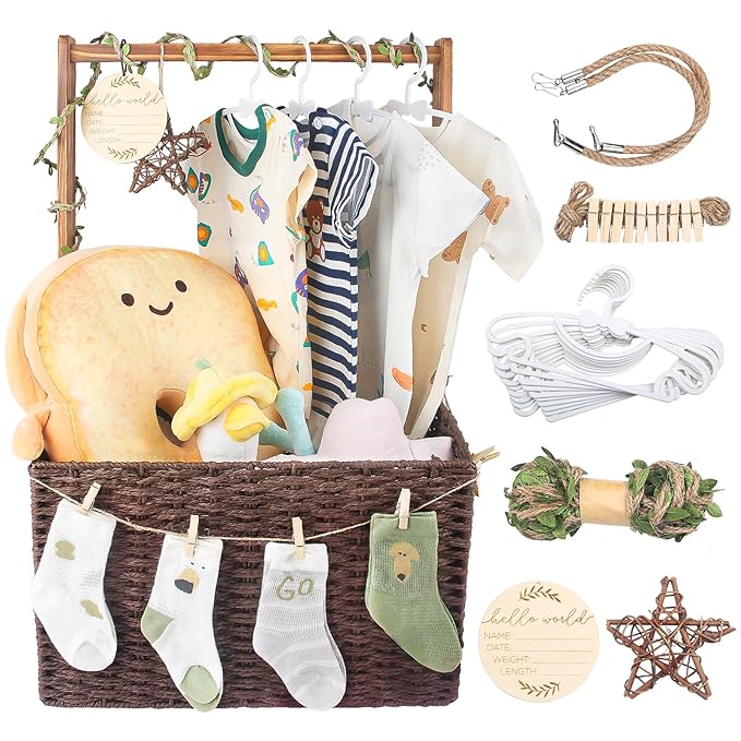 Wooden Baby Shower Crate Closet, Baby Storage Crate with Handle, Foldable Handwoven Storage Basket for Gifts, Welcome Gift Basket for Newborn Boys Girls, Pregnancy Gifts for New Parents