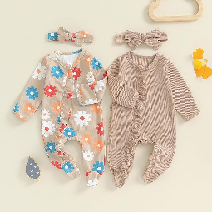 Baby Girl Footies Newborn Zipper Sleeper 2 Pack Ruffle Pajamas Romper Coming Home Outfit