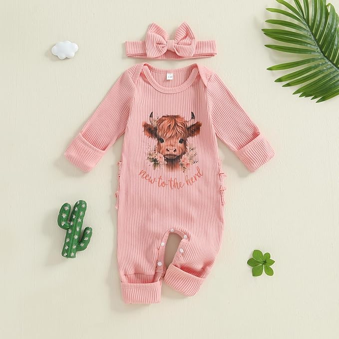 WZTYYDS Newborn Baby Girl Clothes Ribbed Romper Print Long Sleeve Jumpsuits Bow Headband Set Infant One-piece Outfits