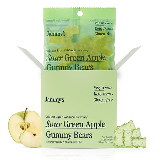 Jammy's™ - Sour Green Apple Gummy Bears | Sugar-Free & Vegan-Friendly | Keto-Friendly, Gluten-Free, Low Carb, High Fibre & Naturally Fruity | Delicious, Soft & Chewy | Box of 6 x 50g Bags