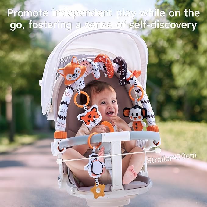 TUMAMA Black and White Baby Stroller Arch Toys, Removable Spiral Hanging Rattle Toys, High Contrast Car Seat and Stroller Toys for Baby 0 3 6 9 12 Months