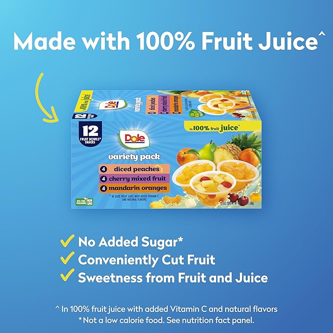 Dole Diced Peaches, Mandarin Oranges, and Cherry Mixed Fruit in 100% Juice Variety Pack - Dole Fruit Bowls Snacks - 4 oz Bowls - 12 Pack
