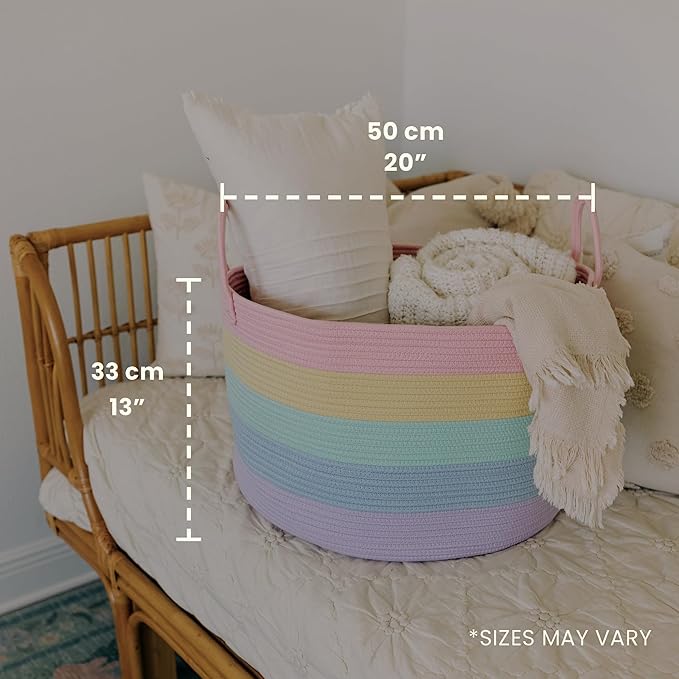 OrganiHaus Cute Basket for Pastel Rainbow Classroom Decor 20x13, Toy Basket Storage for Kids Room, Toy Bins for Kids Organizer, Large Blanket Basket Living Room, Rainbow Storage Bins, Nursery Hamper