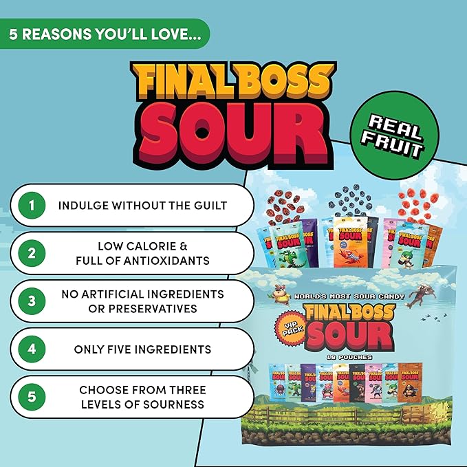 Final Boss Sour Candy Variety Pack, Natural Fruit Chews with Dried Fruit, Cane Sugar & Sunflower Oil, All Sour Levels, Low Calorie Healthy Snack for Kids, Teens, Adults, Lunch Boxes & On The Go, 18 Pack
