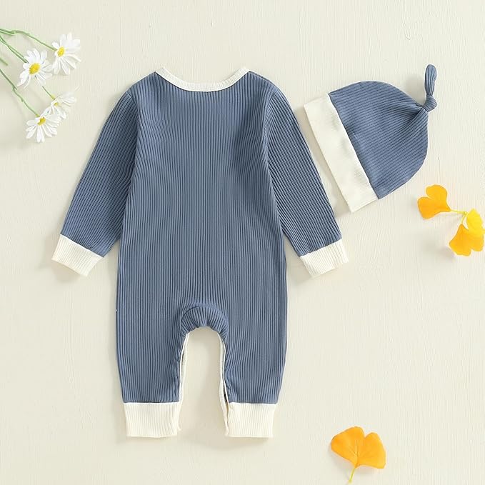 fhutpw Newborn Baby Boy Clothes Ribbed Knit Bodysuit 3 6 Months Infant Fall Long Sleeve Splicing Color Romper Jumpsuit & Hat