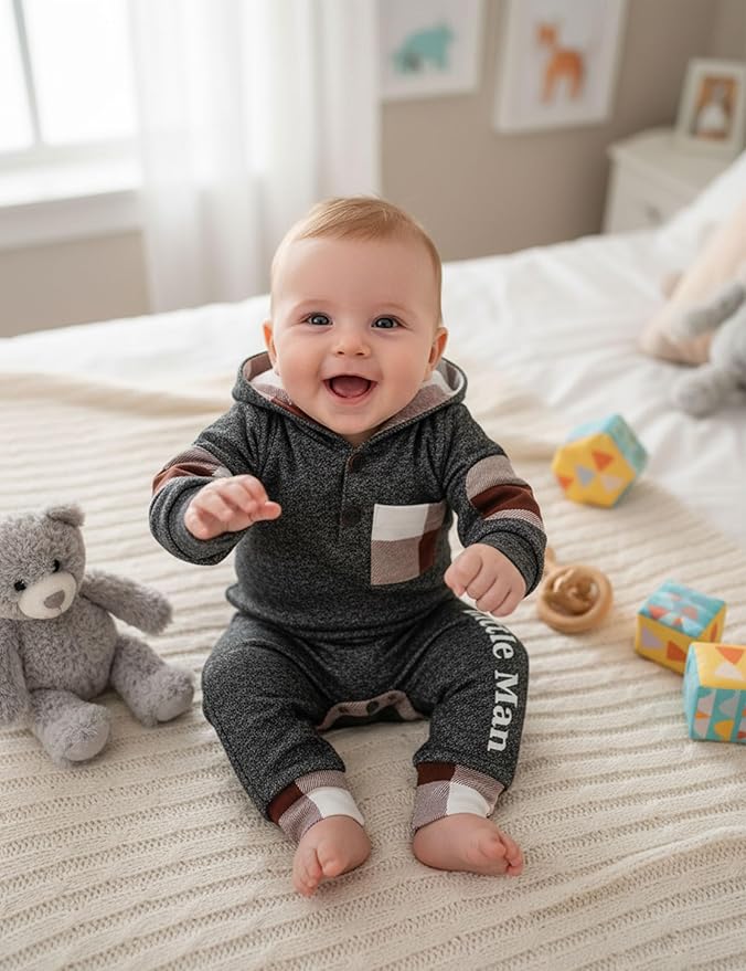 Fommy Newborn Baby Boy Clothes Plaid Letter Print Long Sleeve Hoodies + Long Pants 2PCS Fall Winter Outfits Set