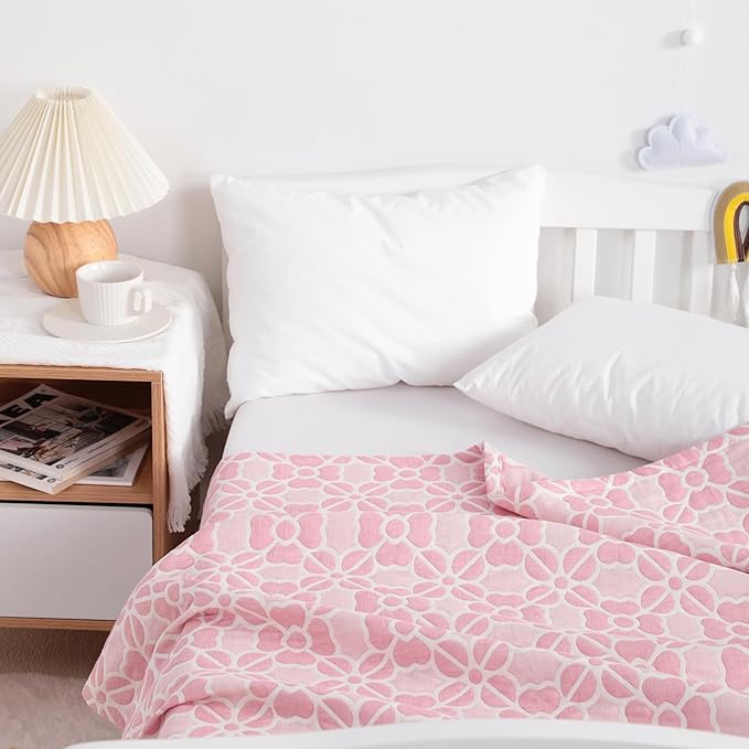 NTBAY 3 Layer Toddler Blanket, Muslin Cotton Jacquard Bed Blankets, Lightweight Thermal Baby Blanket, Super Soft and Warm Crib Blanket for All Seasons, Decoration Gift, 30"x40", Pink Clover