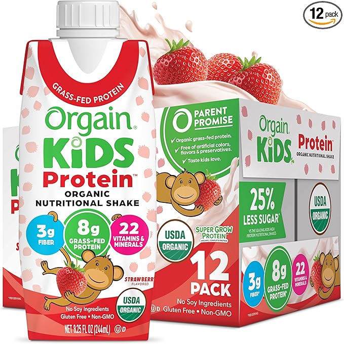Orgain Organic Kids Protein Nutritional Shake, Strawberry - 8g of Protein, 22 Vitamins & Minerals, Fruits & Vegetables, Gluten Free, Soy Free, Kosher, Non-GMO, 8.25 Ounce (Pack of 12)
