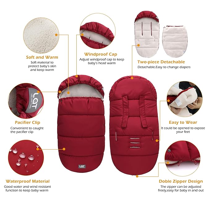 LAT Baby Warm Bunting Bag Universal,Stroller Sleeping Bag Cold Weather,Waterproof Toddler Footmuff(Detachable,Red)