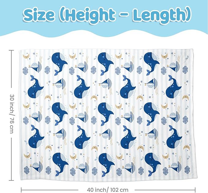 Whale Kid Blanket for Boys or Girl 30x40 - Soft Kids Throw Minky Blankets with Dotted Backing - Nursery Crib Blanket