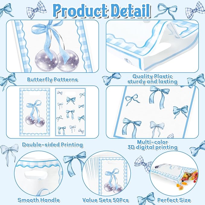 Blue Bow Party Favor Bags - 50Pcs Coquette Bow Knot Themed Goody Candy Treat Gifts Bags, Blue Theme Party Decorations for Kids Girls Women Birthday Wedding Bridal Shower Supplies