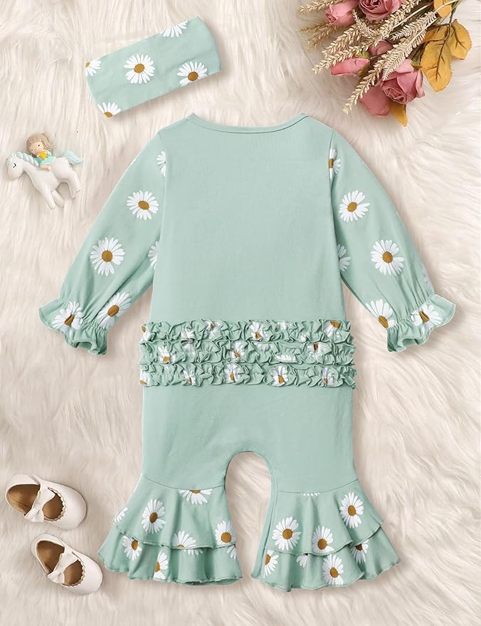 AGAPENG Newborn Girl Clothes Ruffle Letter Print Romper Infant Bell Bottom Jumpsuit Boho Baby Girl Clothes with Headband Hat