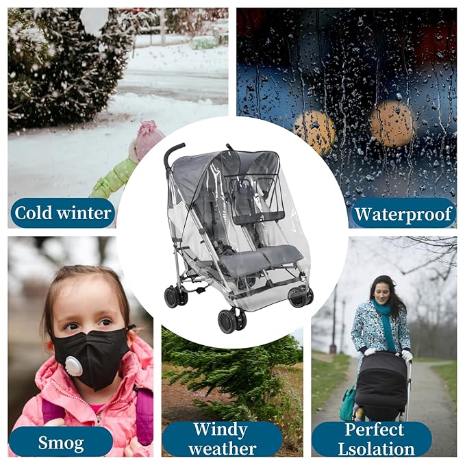 Clear Travel Weather Shield,Rain Cover for Double Stroller Universal,Breathable Waterproof Double Stroller Rain Cover Side by Side,Twins Stroller Cover for Rain/Wind/Snow/Cold/Dust