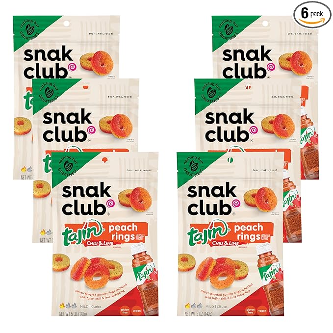 Snak Club Tajin Peach Rings Gummy Candy, Fruit Candy Gummies with Chili and Lime Seasoning, Mild, Gluten-Free and Vegan Snacks, 5 oz Resealable Bags, 6 Pack