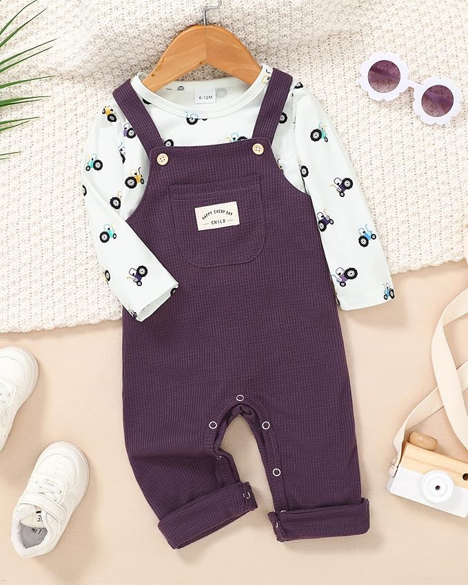 ZOEREA Toddler Baby Boys Clothes Outfit Long Sleeve T-Shirt and Romper Set Cute Jumpsuit Overalls Solid Color 6M-4T