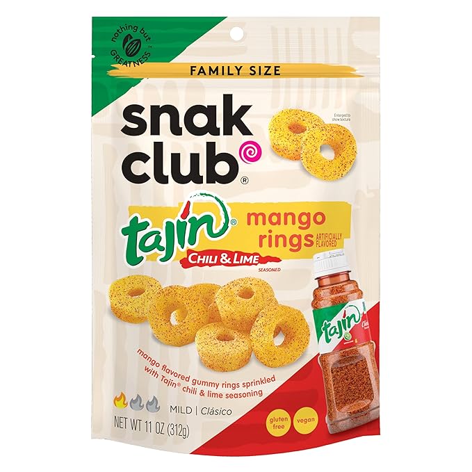 Snak Club Tajin Mango Rings Gummy Candy, Fruit Candy Gummies with Chili and Lime Seasoning, Mild, Gluten-Free and Vegan Snacks, 11 oz Resealable Bag