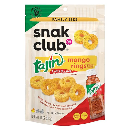 Snak Club Tajin Mango Rings Gummy Candy, Fruit Candy Gummies with Chili and Lime Seasoning, Mild, Gluten-Free and Vegan Snacks, 11 oz Resealable Bag