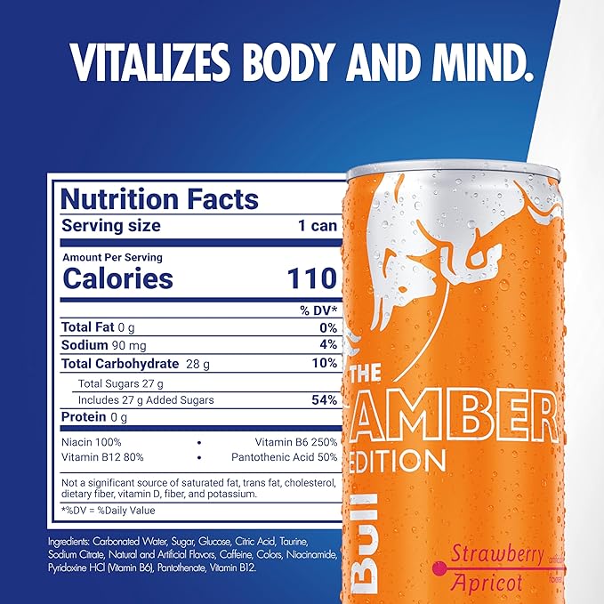 Red Bull Amber Edition Energy Drink, Strawberry Apricot, with 80mg Caffeine plus Taurine & B Vitamins, 8.4 Fl Oz, Pack of 24 Cans