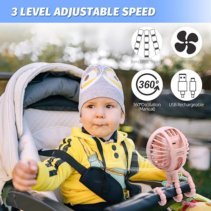 LAT Stroller Fan Flexible Tripod Clip On Fan,Portable Fan Car Seat Baby Fan with Flexible Tripod (Pink)