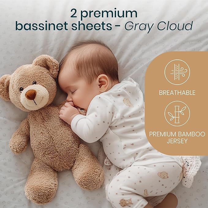 Tutti Bambini Premium Bassinet Sheets (2 Pack) - Soft & Breathable Bamboo Jersey, Double-Strength Bedside Sleeper Sheets, Fits Mattresses from 20.8 x 31.5 in to 23.6 x 35.4 in (Grey/Cloud)