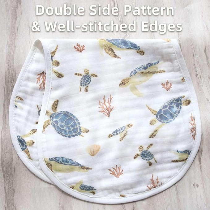 LifeTree Muslin Baby Burp Cloths - 2 Pack 70% Viscose from Bamboo and 30% Cotton Large 22'' by 10'' Absorbent Milk Spit Up Rags - Burping Cloths for Newborn, Girls Boys, Sea Turtle & Solid Blue