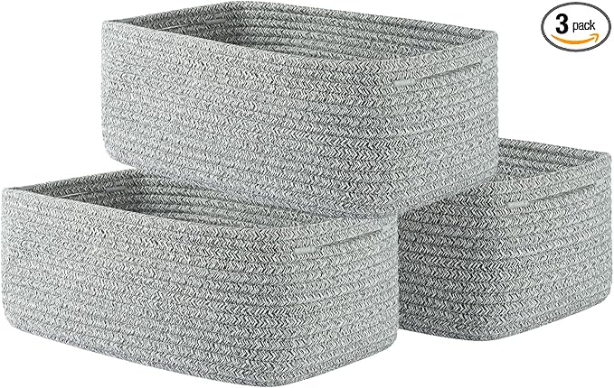 Small Woven Basket, 13.5 x 9.5 x 5 Inches, Storage Basket for Organizing, Cute Small Rope Shelf Closet Cube Storage Bins Baskets for Shelves, Dog Toy Gift Baskets Empty, 3 Packs, Mixed Grey
