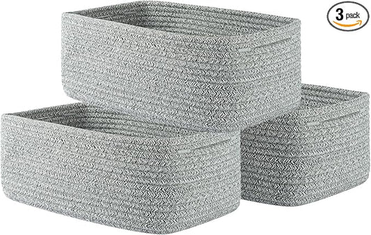 Small Woven Basket, 13.5 x 9.5 x 5 Inches, Storage Basket for Organizing, Cute Small Rope Shelf Closet Cube Storage Bins Baskets for Shelves, Dog Toy Gift Baskets Empty, 3 Packs, Mixed Grey