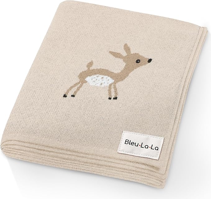 Knit Baby Swaddle Blanket - 100% Cotton Soft Cozy Receiving Swaddling Stroller Blanket Quilt for Shower Gift Registry for Newborns Infants Toddlers Gender Neutral (Deer - Taupe)