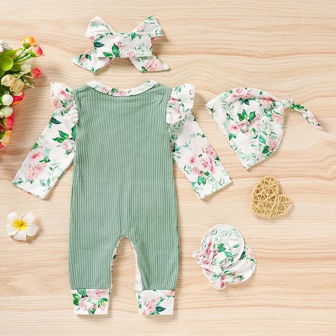 GRNSHTS Newborn Baby Girl Romper Infant Letter Print Jumpsuit Floral Bodysuit+Hat+Headband+Gloves Coming Home Clothes Outfits
