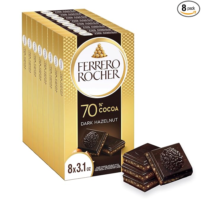 Ferrero Rocher Premium Chocolate Bars, 8 Pack, Dark Chocolate Hazelnut, 3.1 oz Each