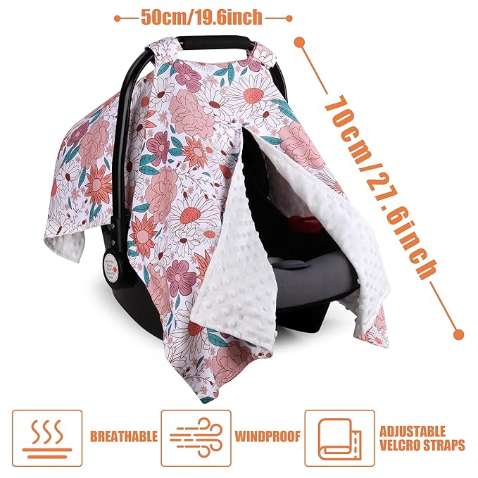 Metplus 2 in 1 Flowers Baby Car Seat Cover, Car Seat Canopy for Babies, Mom Multiuse Nursing Cover, Minky Baby Carrier Covers, Newborn Boy Girl, Peekaboo Opening