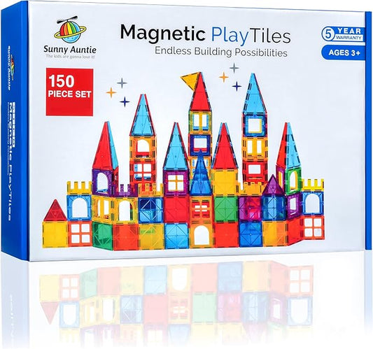 Magnetic Tiles 150 PCS+ Bonus Zippered CASE, Magnetic Tiles for Kids Toy for 3 4 5 6 7 8 Year Old Boys & Girls, Great Gift for Kids Aged 3-8, XL Set