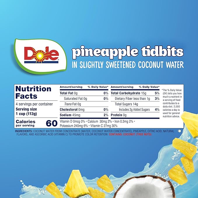 Dole Pineapple Tidbits in Coconut Water - Dole Fruit Bowls Snacks - 4 oz Fruit Bowls - 24 Pack