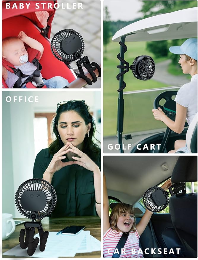 10000 mAh Portable Stroller Fan, 3-Mode LED Clip-On with Flexible and Detachable Tripod, Rechargeable Desk Fan 4-Speed & 63H Runtime, USB Powered,Quiet, 360° Adjustable for Car/Camping/Office/Home