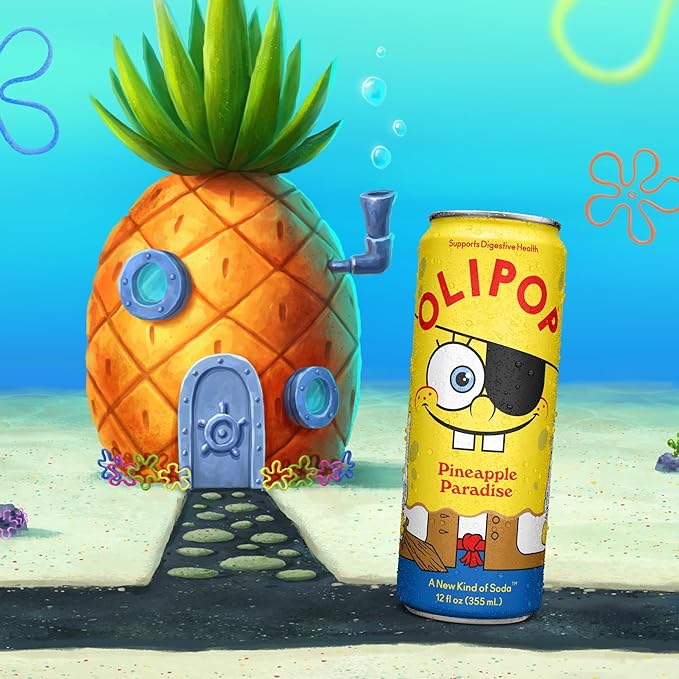 OLIPOP Prebiotic Soda Pop, SpongeBob Pineapple Paradise, Pantry Pack Packed with Prebiotics, Fiber, and Botanicals, Gluten Free, Vegan, GMO Free, 12oz Sleek (12-Cans)