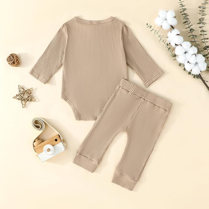 Newborn Baby Boy Girl Clothes Ribbed Knit Cotton Long Sleeve Romper Long Pant Preemie Solid Color Unisex Outfits