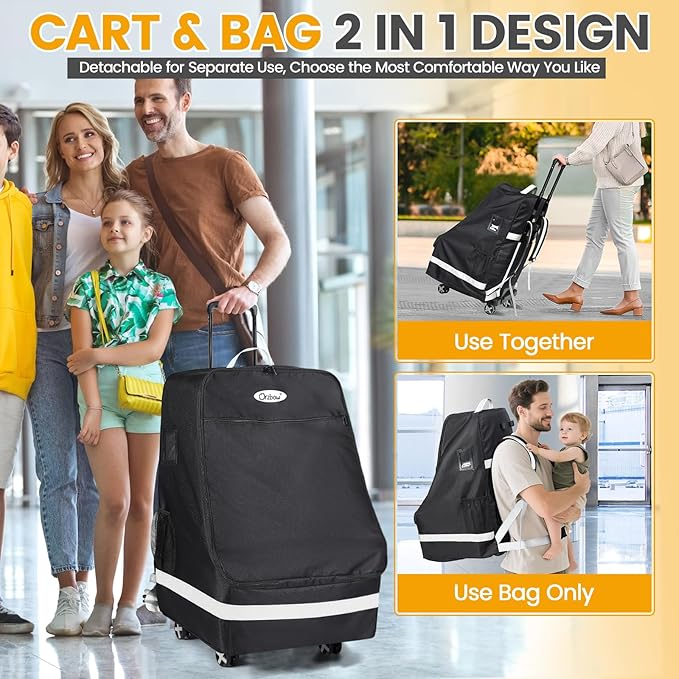 Orzbow Car Seat Carrier for Airport, Folding Car Seat Travel Bag & Cart with 4 Wheels and High Load-Bearing, Padded Gate Check Bag Fits Most Infant Car Seats & Carriers, Easy to Use, Black