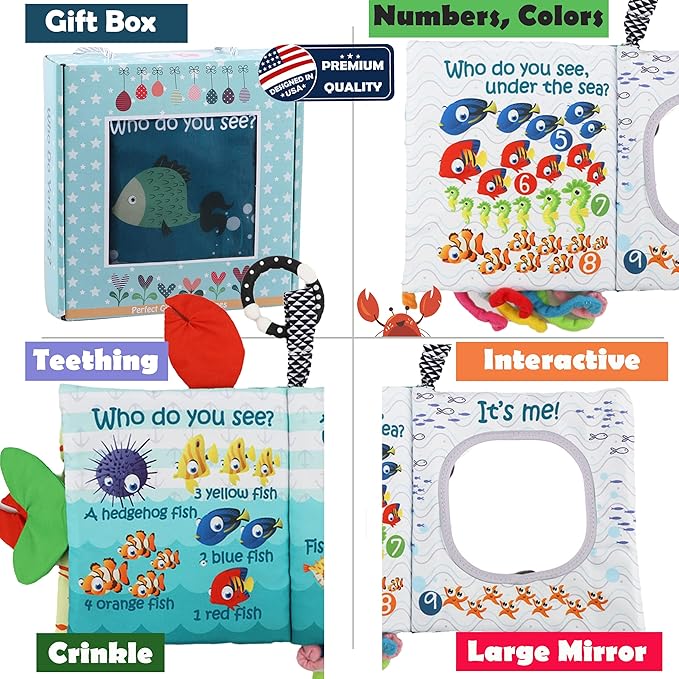 Fish Baby Book 0-6 Months,Touch Feel Cloth Crinkle Books for Babies,Infant Baby Toys 6-12 Months,Learning Education Soft Sensory Mirror Toy,Teether,Shower Gifts for Boys Girls-Gift Box