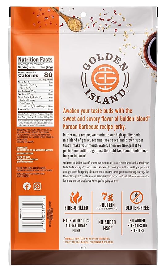 Golden Island Pork Jerky Korean BBQ Flavored, Specialty Meat Snack, Gluten Free with Korean Barbecue Seasoning, Bite Sized Sweet and Savory Protein Snack, 7g of Protein Per Serving, 9 Oz (2 Pack)