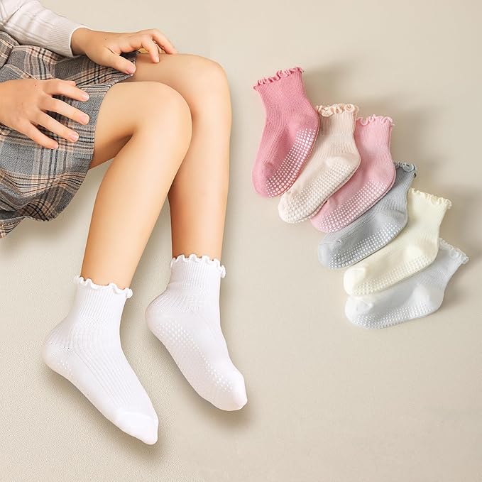 6 Pairs Toddler Ruffle Socks for Girls - Baby Grip Socks with Non-Slip, Cute Grippy Frilly Design