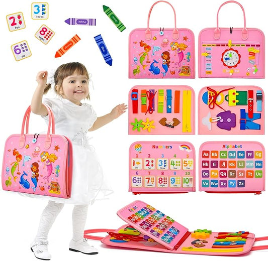 Preschool Learning Board for Toddlers 2-4, Montessori Busy Books for 1-4 Years, Sensory Busy Board for Travel Gift (Mermaid)