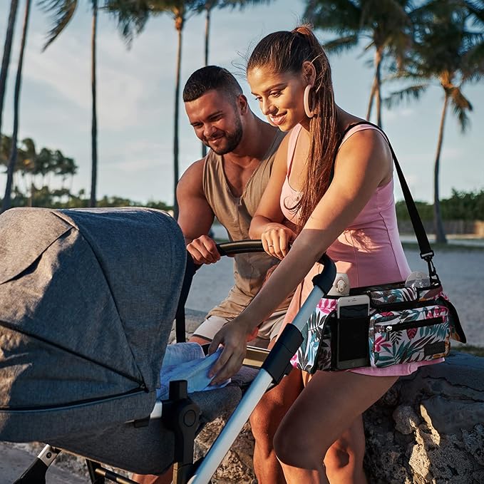 Momcozy Universal Stroller Organizer, 2 Insulated Cup Holders, Removable Zip Pocket, Adjustable Straps, Large Capacity Baby Essentials Compact Design, Fits Any Stroller (Multicolor)