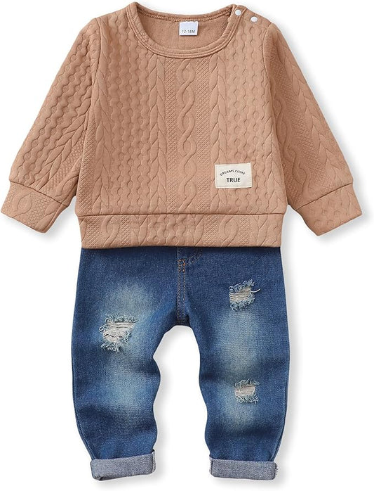 NZRVAWS Toddler Baby Boy Clothes Pullover Sweater Ripped Jean Sweatsuit Little Boy Outfit Fall Winter Clothing Set 6M-7T